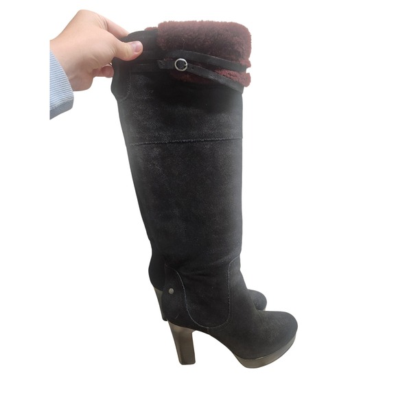 UGG Black Suede Leather Over the Knee Boots Heel Platform Fur Trim EU 40 - Picture 1 of 7